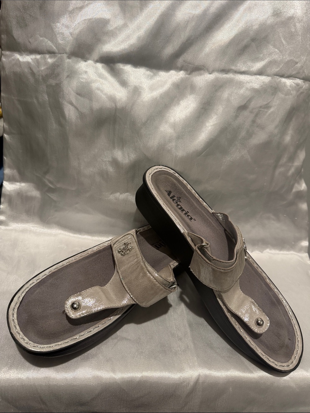 Alegria Metallic Taupe Thong Sandals with Stud Accent